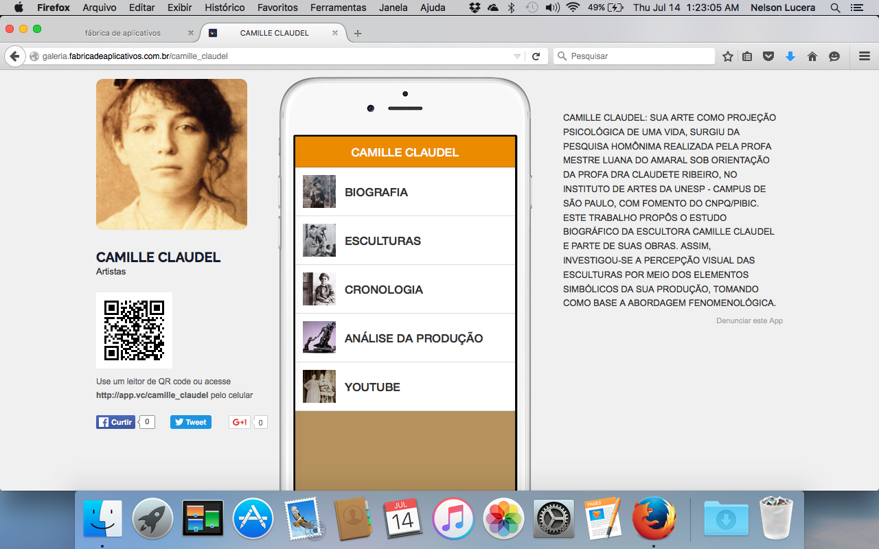 Tela inicial do aplicativo sobre Camille Claudel